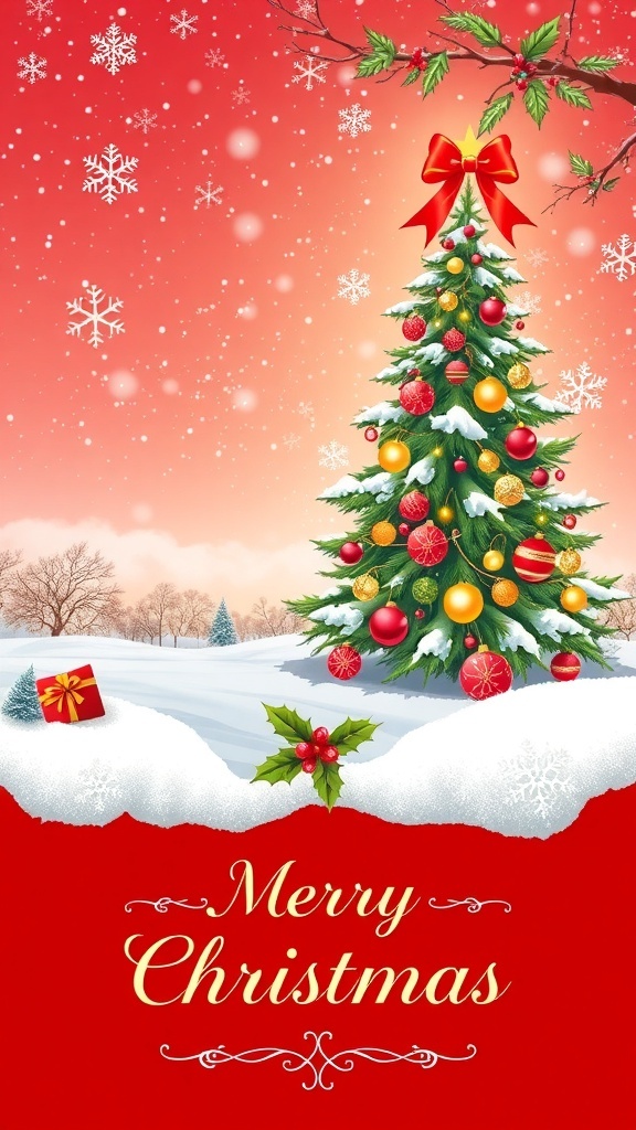 A festive Christmas card design with a snowy scene, Christmas tree, and holiday greetings.